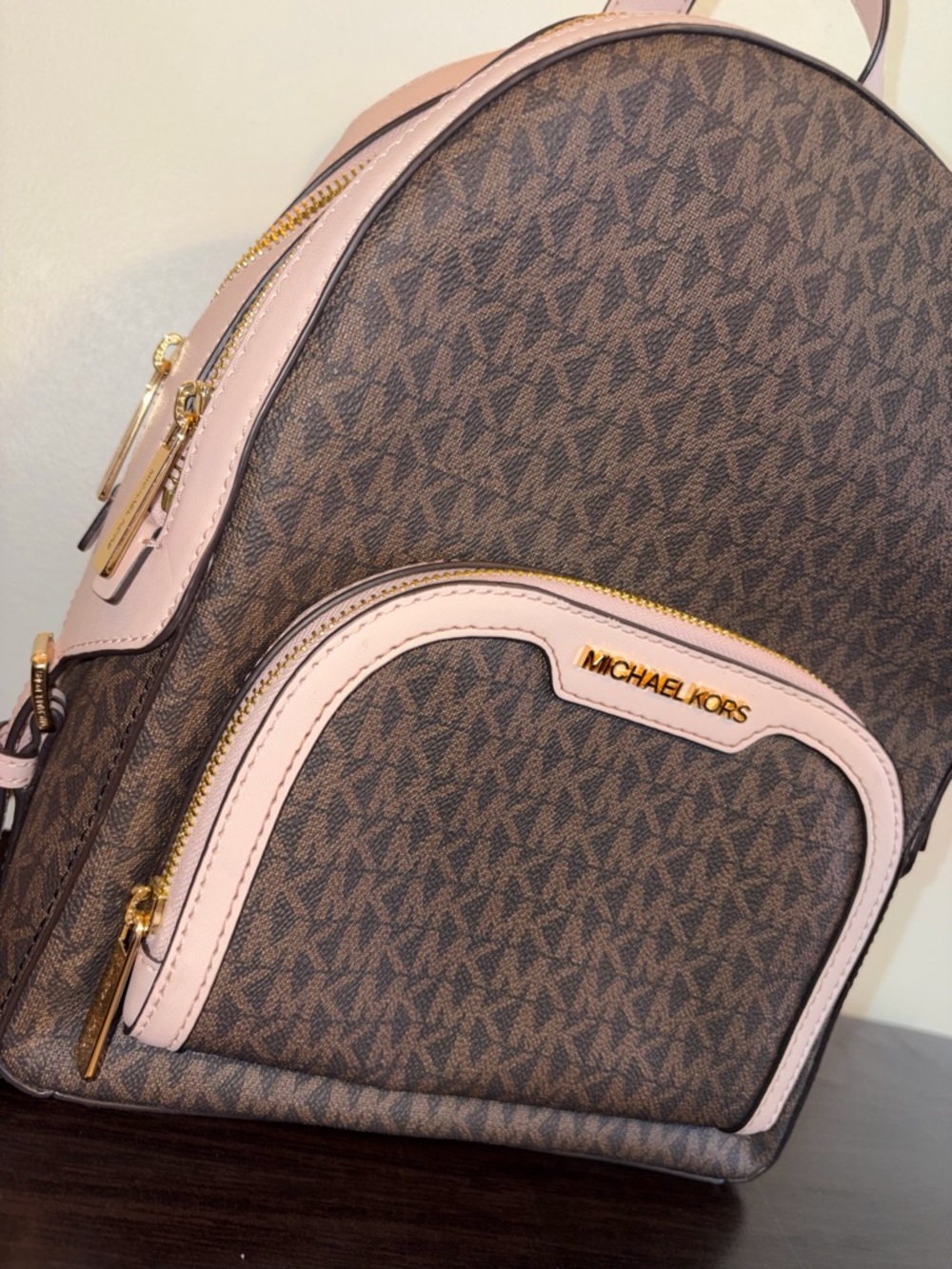 Michael Kors Brown Logo Backpack with Pale Pink Trim - Picture 2 of 7